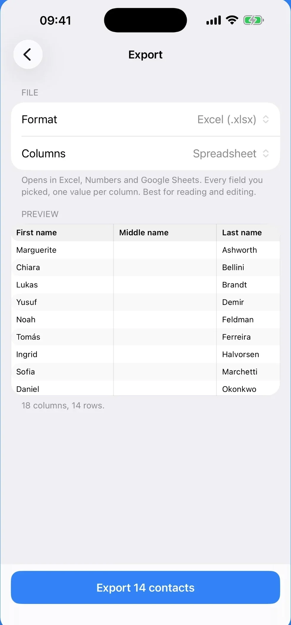 The export screen in the app, showing the table before the file is written